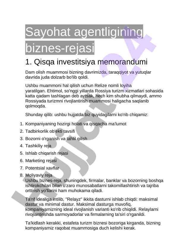 Sayohat agentligi biznes-rejasi va investitsiyalar bilan tadqiqot