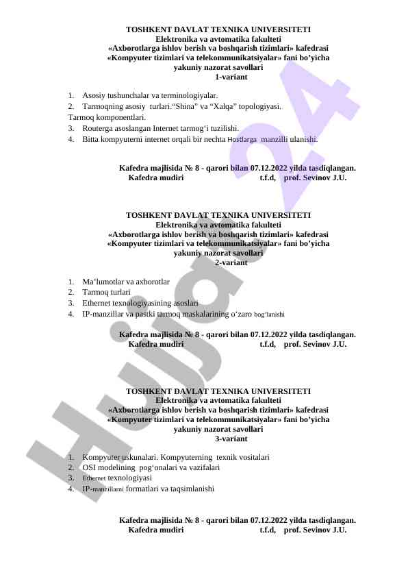 Kompyuter tizimlari va telekommunikatsiyalar savollari
