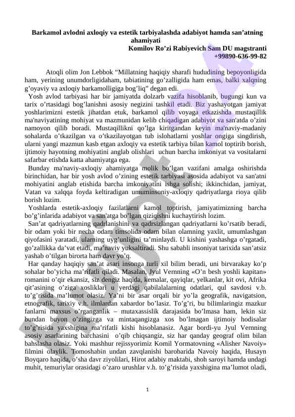 Ahamiyati adabiyot va san'at tarbiyada