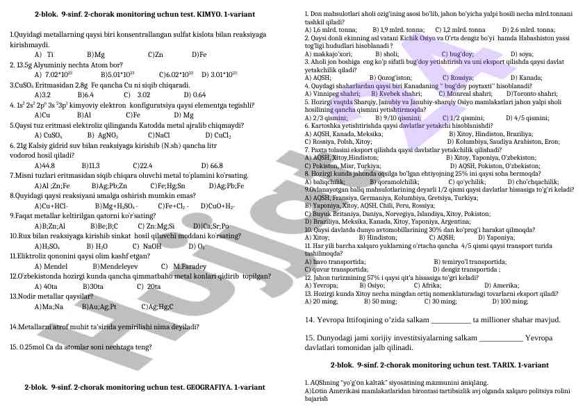 9-sinf kimyo monitoring testi 2-chorak