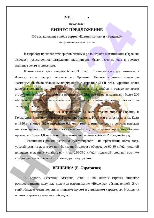 Biznes taklifida shampinon g'riqlarining yetishtirilishi