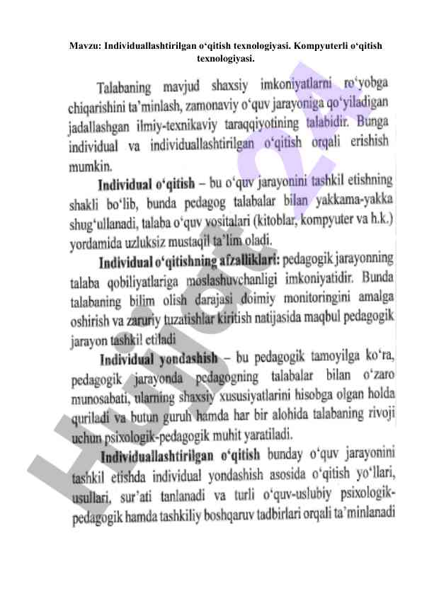 Individuallashtirilgan o‘qitish texnologiyasi