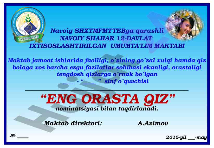 Eng orasta qiz nomi bilan taqdirlangan o‘quvchi