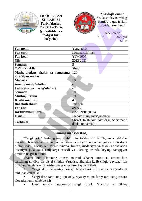 Yangi tarix fan sillabusi 2022-2023