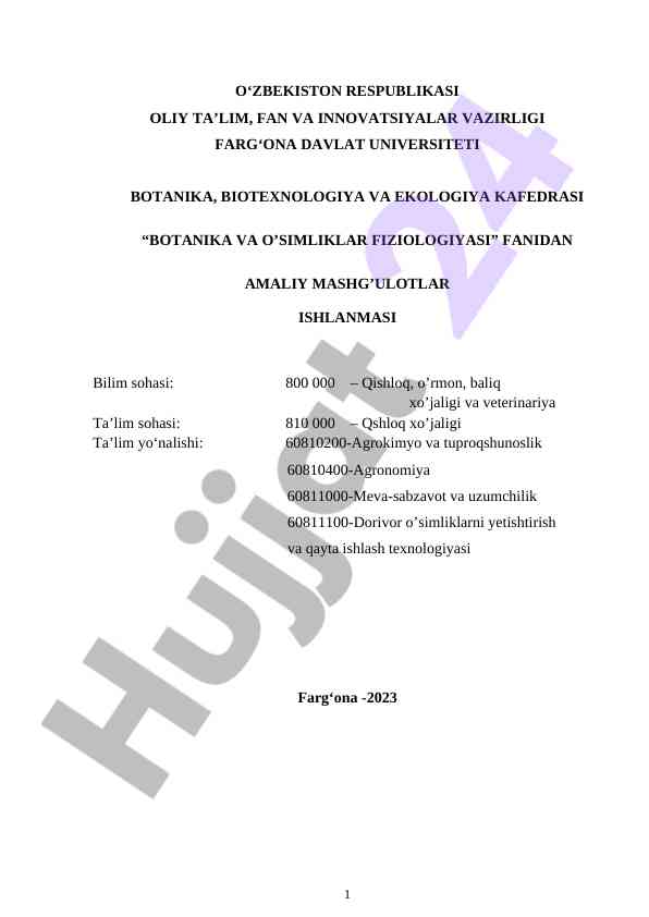 Amaliy mashg‘ulotlar ishlanmasi botaniya fanidan