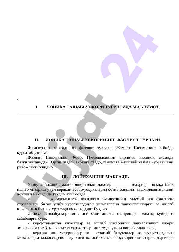 Loyixa tashabbuskori faoliyat turlari haqida ma'lumot