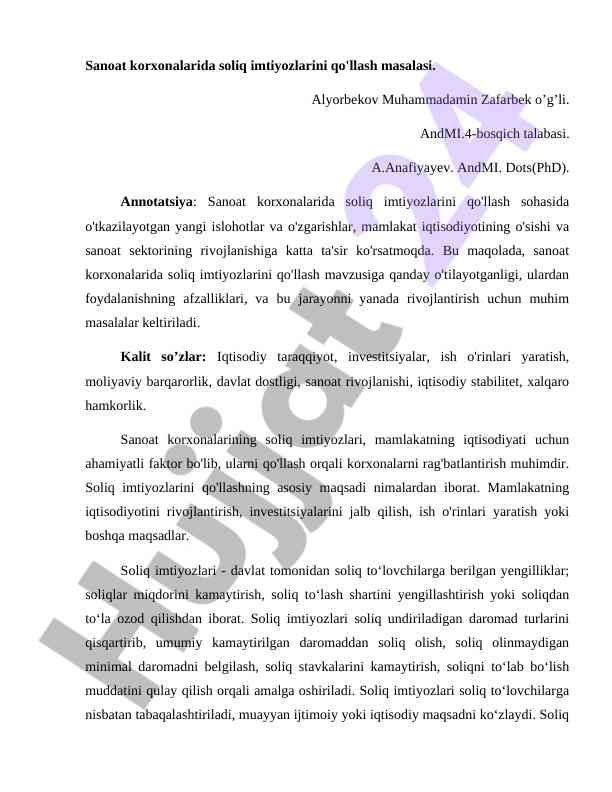 Sanoat korxonalarida soliq imtiyozlari tahlili