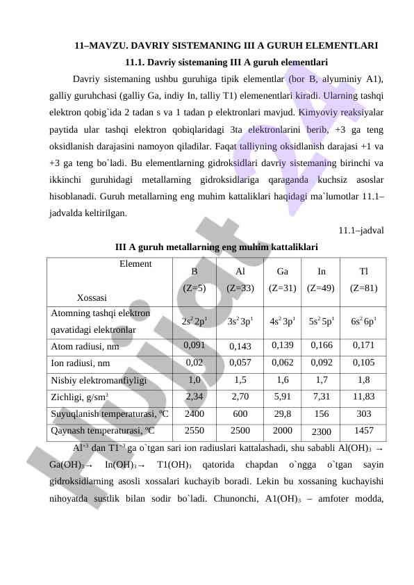 Davriy sistemaning iii a guruh elementlari tahlili