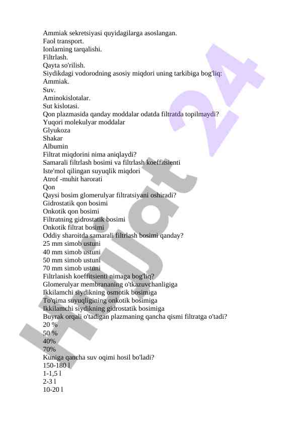 Ammiak sekretsiyasi va filtratsiya jarayonlari