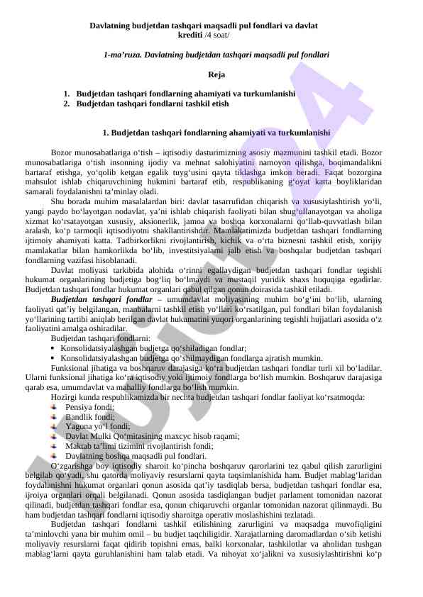 Budjetdan tashqari pul fondlari va davlat krediti