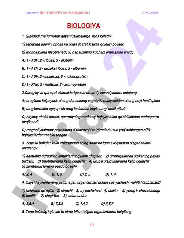 Biologiya sinovi savollari bilan tanishing