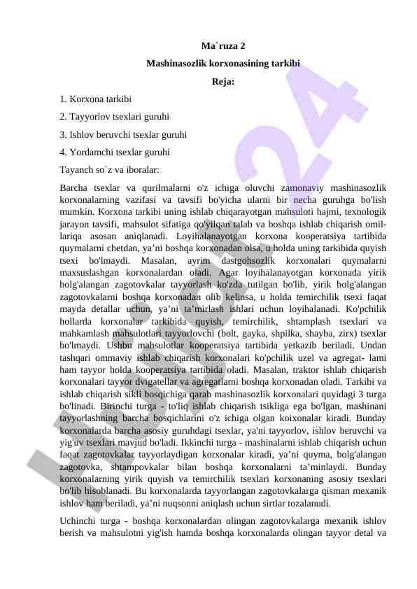 Mashinasozlik korxonalari tarkibi va strukturasi