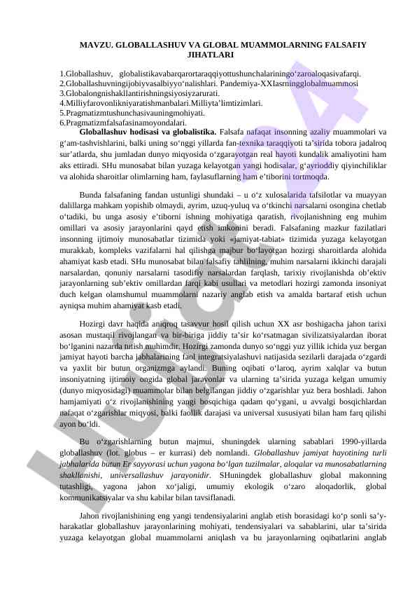Globallashuv va global muammolar falsafasi
