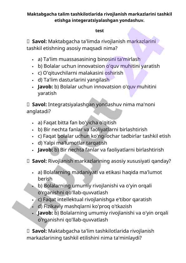 Maktabgacha ta'limda rivojlanish markazlari savollari