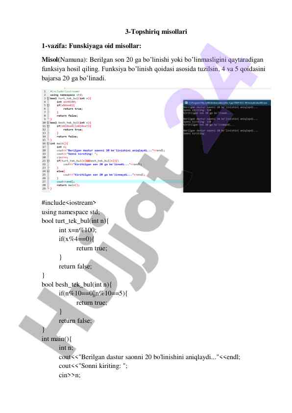 Funskiyaga oid misollar bilan amaliy mashqlar