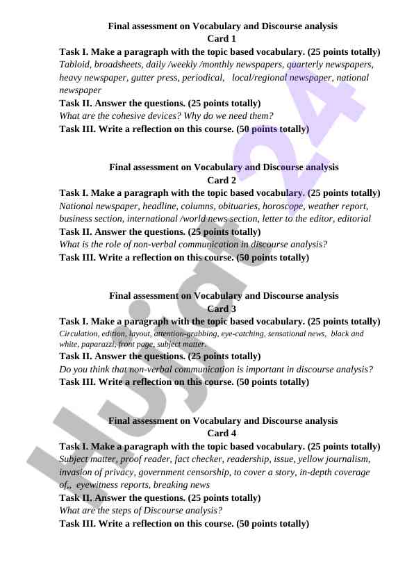 Final assessment on vocabulary and discourse analysis