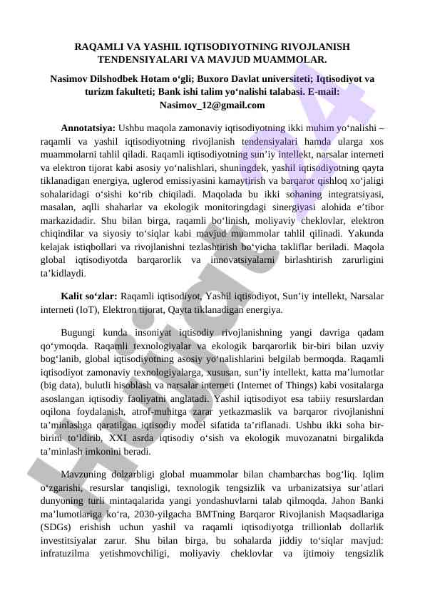 Raqamli va yashil iqtisodiyotning rivojlanish tendensiyalari