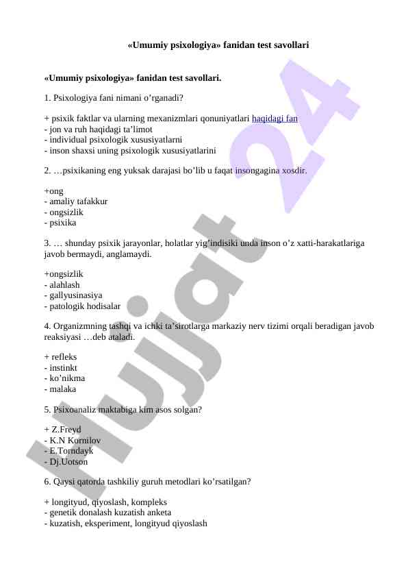 Umumiy psixologiya fanidan test savollari