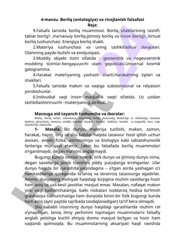 Ontologiya va rivojlanish falsafasi mavzusi