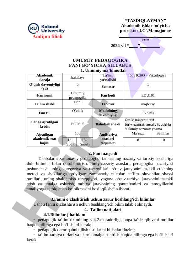 Umumiy pedagogika fani bo‘yicha sillabus