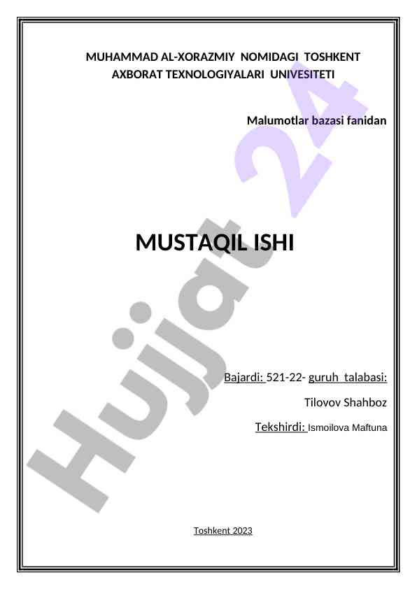 Malumotlar bazasi fanidan mustaqil ish