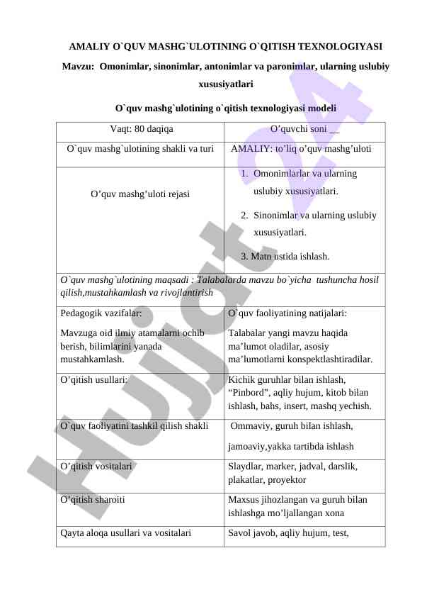Omonimlar sinonimlar antonimlar ularning o‘qitish texnologiyasi