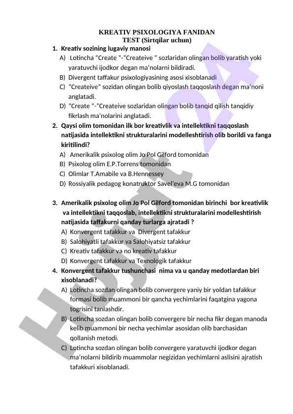 Kreativ psixologiya fanidan test savollari