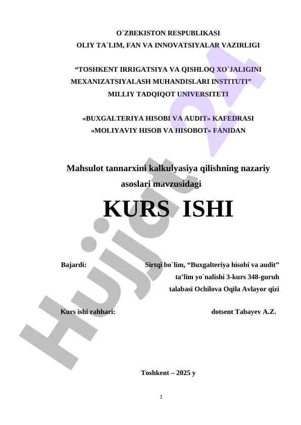 Mahsulot tannarxini kalkulyasiya qilishning nazariy asoslari
