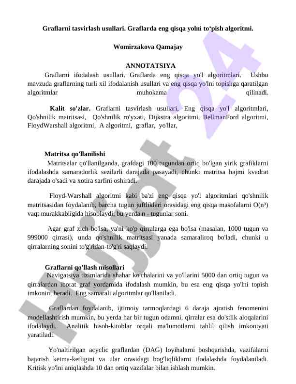 Graflarni tasvirlash usullari va algoritmlar