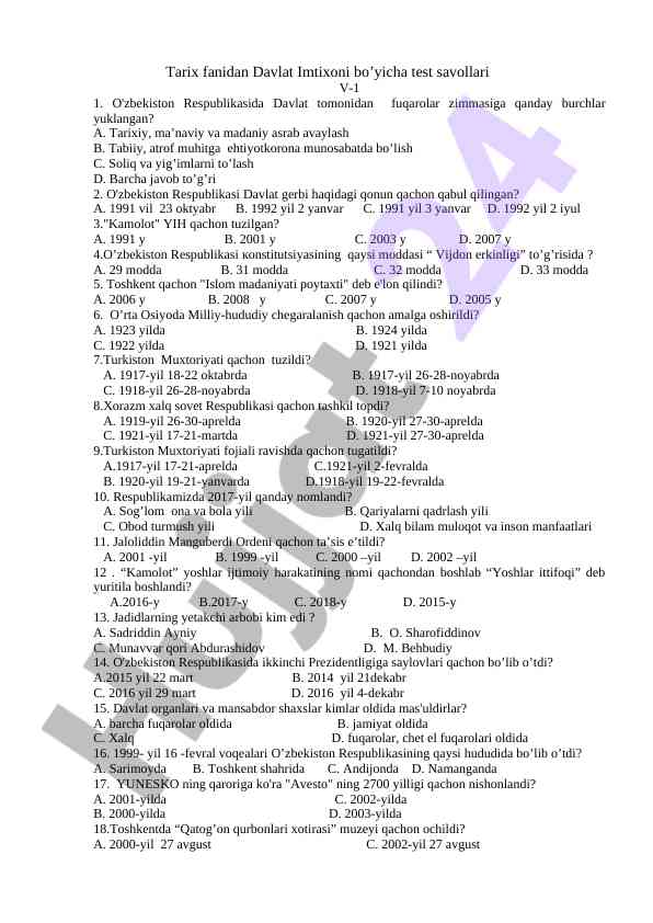 Davlat imtihoni test savollari tarix fani bo'yicha