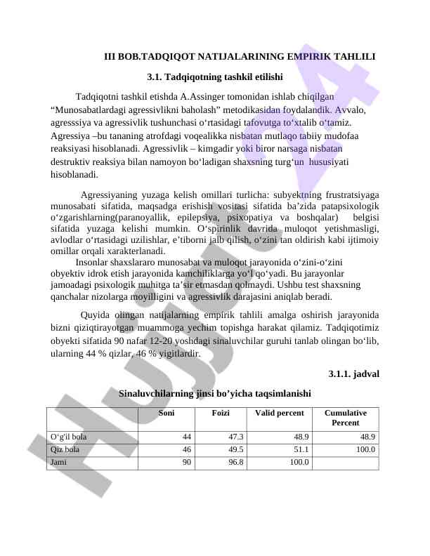 Empirik tahlil bilan agressivlikni baholash metodikasi