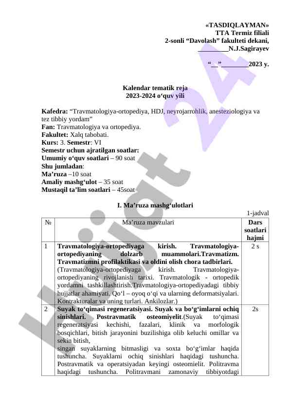 Kalendar tematik reja 2023-2024 o‘quv yili