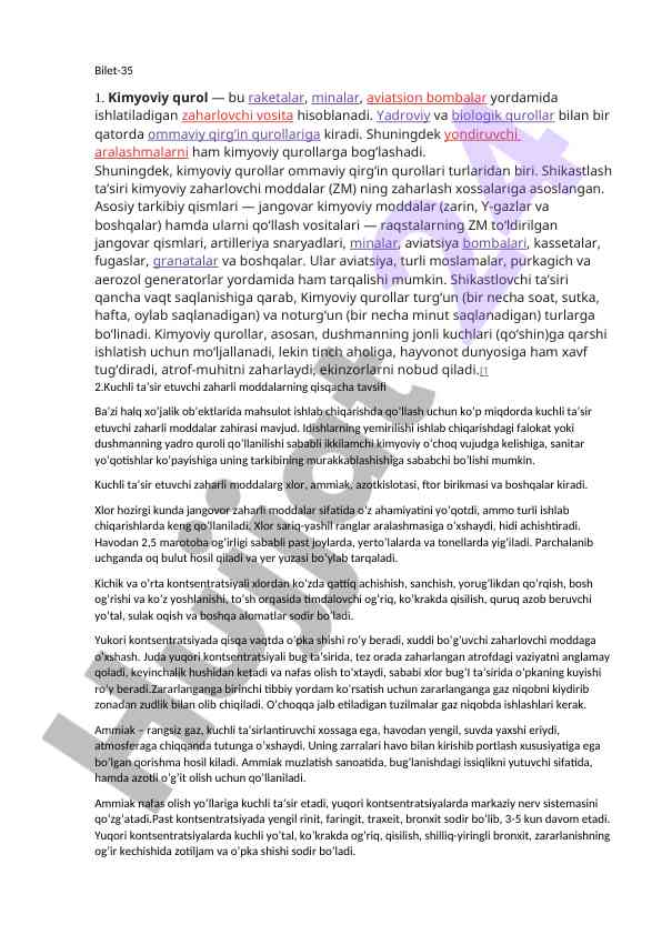 Kimyoviy qurollar turi va ta'siri
