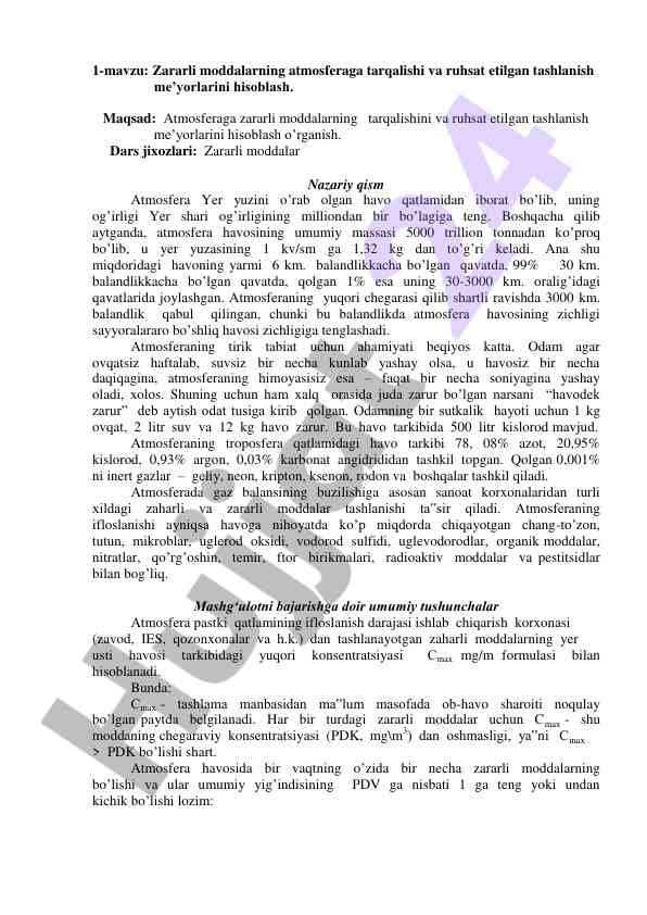 Zararli moddalarning atmosferaga tarqalishi