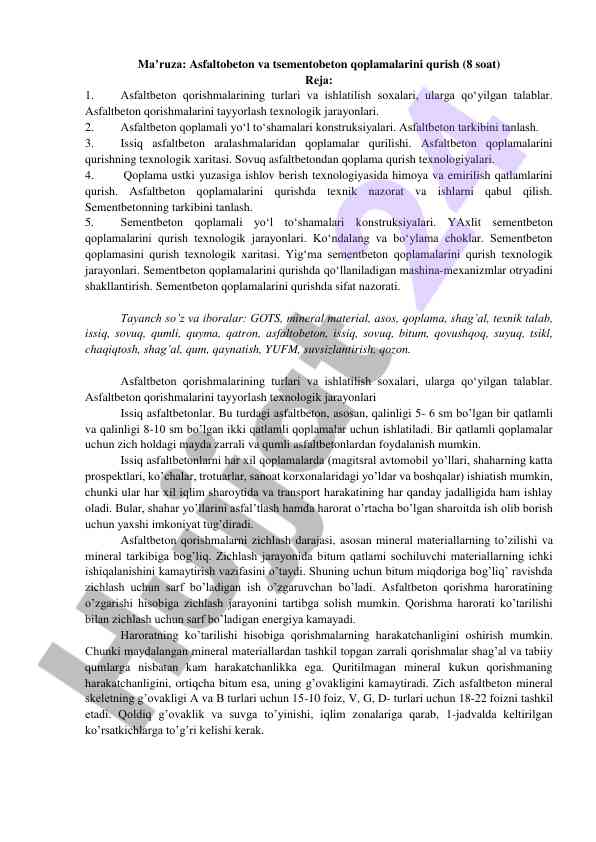 Asfaltobeton va sementobeton qoplamalari qurish