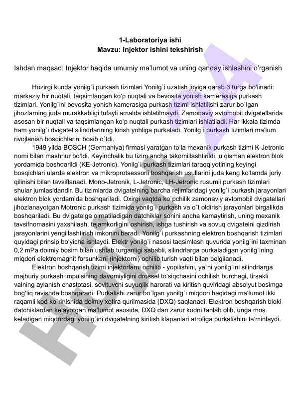 Injektor tizimining ishlashini o‘rganish
