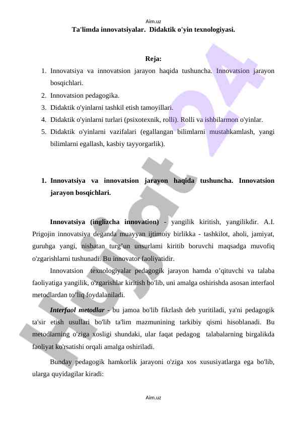 Ta'limda innovatsiyalar va didaktik o'yin texnologiyasi
