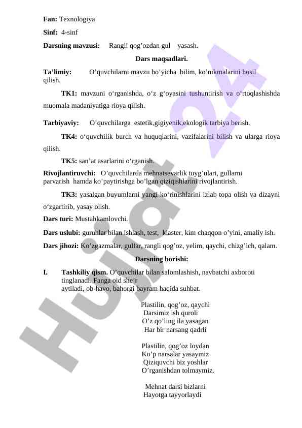 Rangli qog’ozdan gul yasash dars ishlanmasi