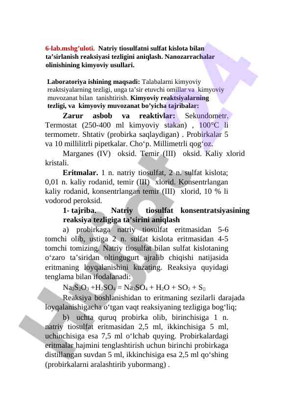 Natriy tiosulfat va sulfat kislota reaksiyasi tezligi