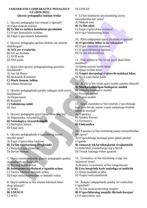 Qiyosiy pedagogika fanidan testlar savollari