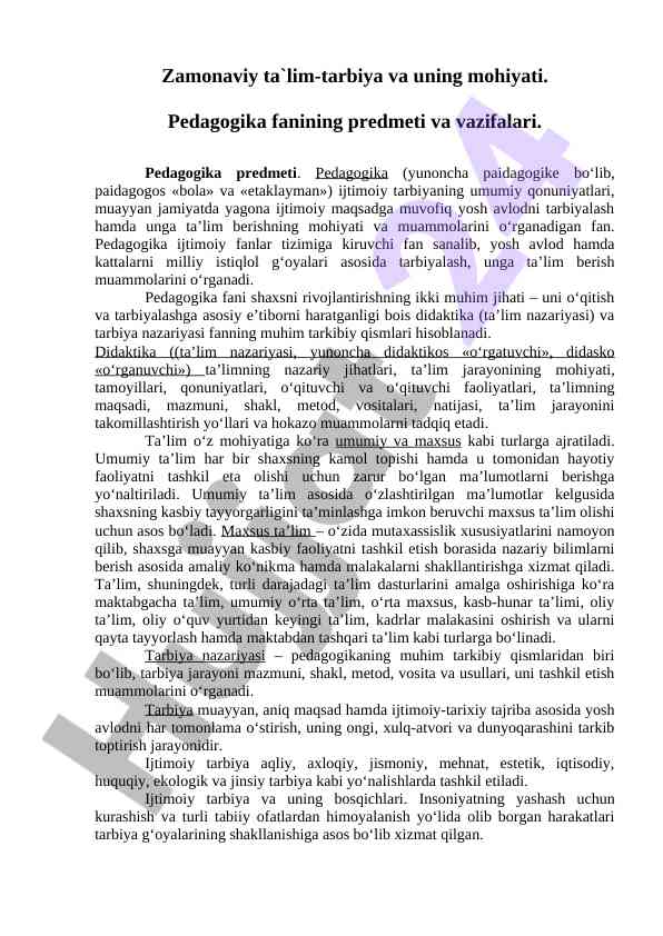 Zamonaviy ta'lim-tarbiya va pedagogika mohiyati