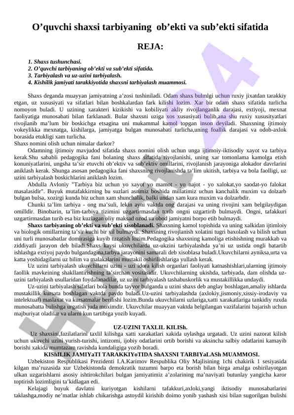 O‘quvchining shaxsi tarbiyasi muhim masalalar