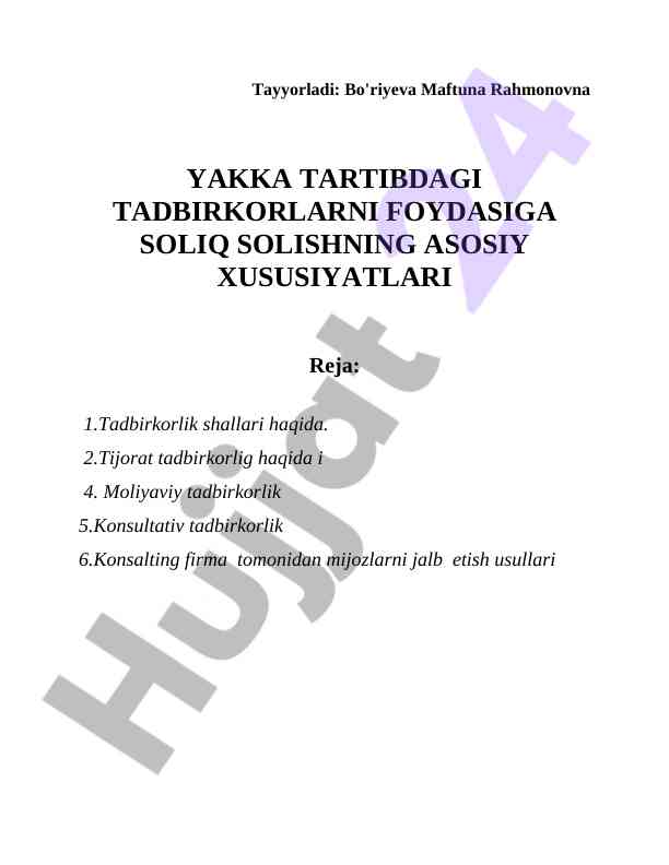 Yakka tartibdagi tadbirkorlarni soliqqa tushirish xususiyatlari