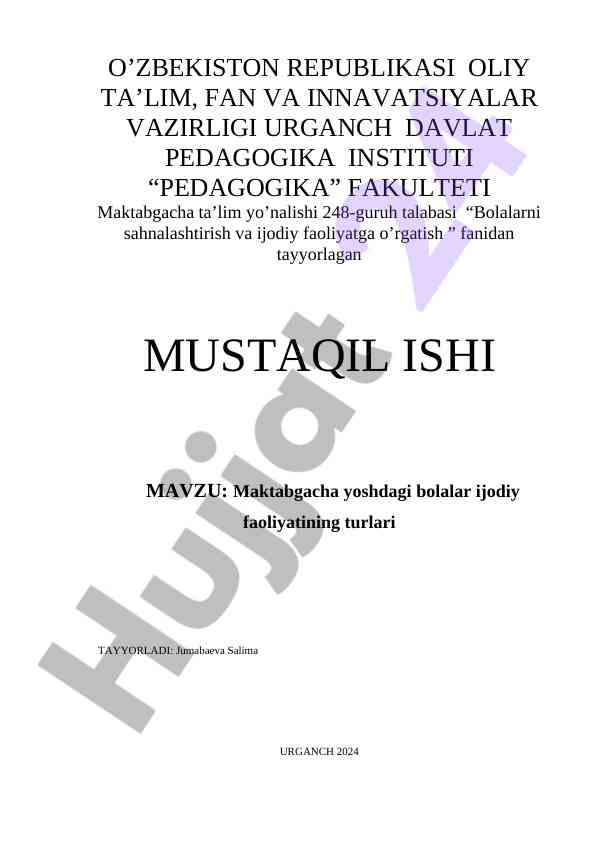Bolalar ijodiy faoliyatining turlari mavzusi