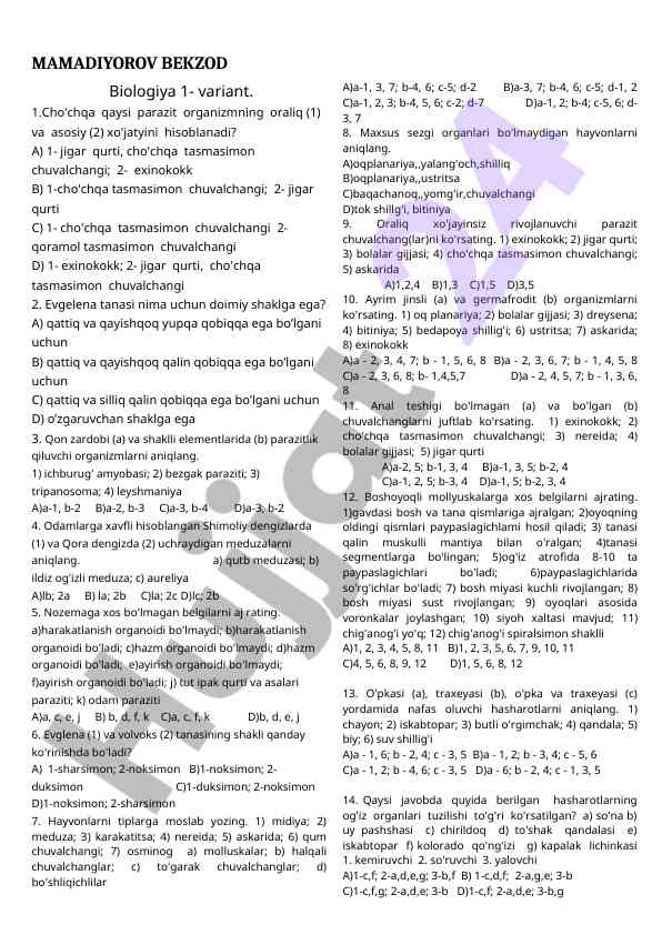 Biologiya savollari va javoblar tahlili