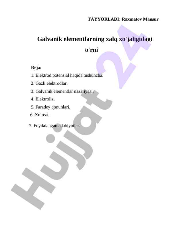 Galvanik elementlarning xalq xo'jaligidagi o'rni