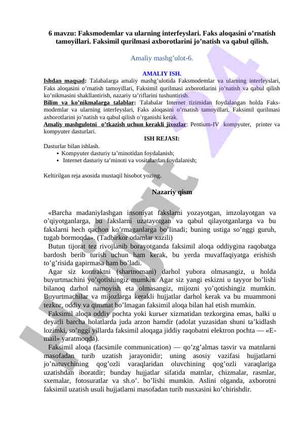 Faks-modemlar va ularning interfeyslarini o’rganish