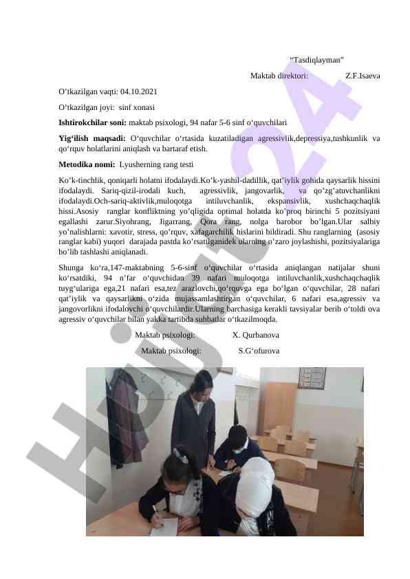 Aggressivlik va tushkunlikni aniqlash metodikasi