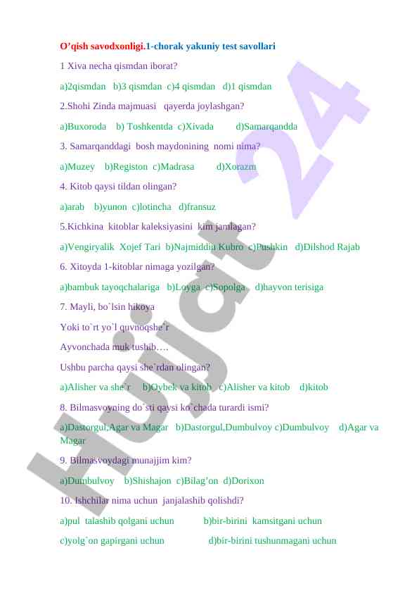 O'qish savodxonligi 1-chorak yakuniy test savollari