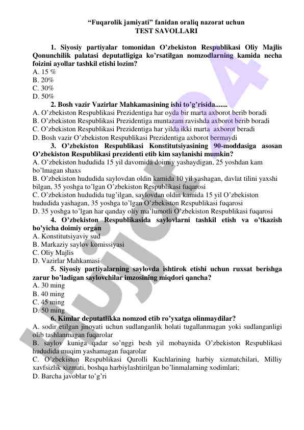 Oraliq nazorat test savollari fuqarolik jamiyati fanidan